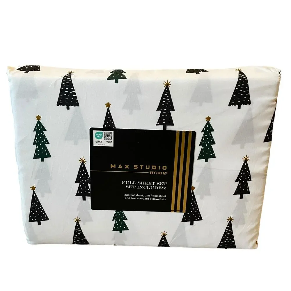 4pc Max Studio Block Christmas Tree Printed Sheet Set FULL Chic Holiday Bedding
